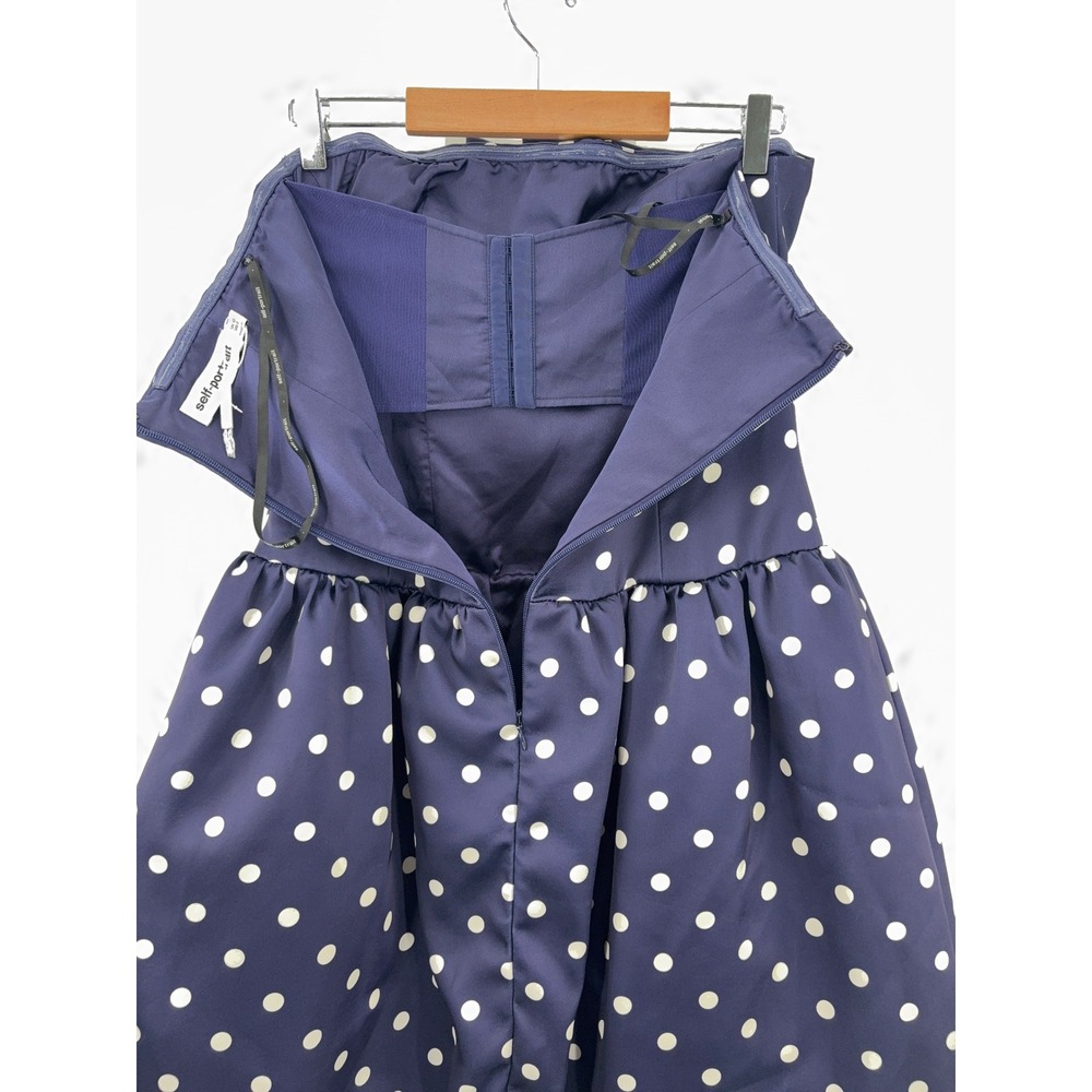 B67 Self Portrait Polka Dot Midi Dress 8 Strapless Satin Navy White Cocktail - Picture 7 of 13